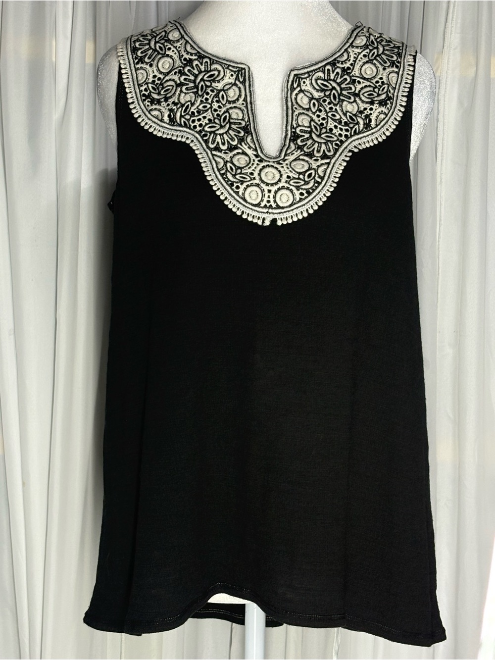 Max Studio Black Sleeveless Tank with White Embroidered Yoke Size S